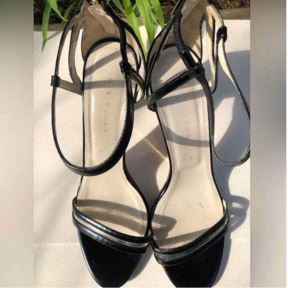 Mia Becar Leather Black Gold Heel back zipper High Heels open toe 38.5 US 8.5 - Picture 9 of 13